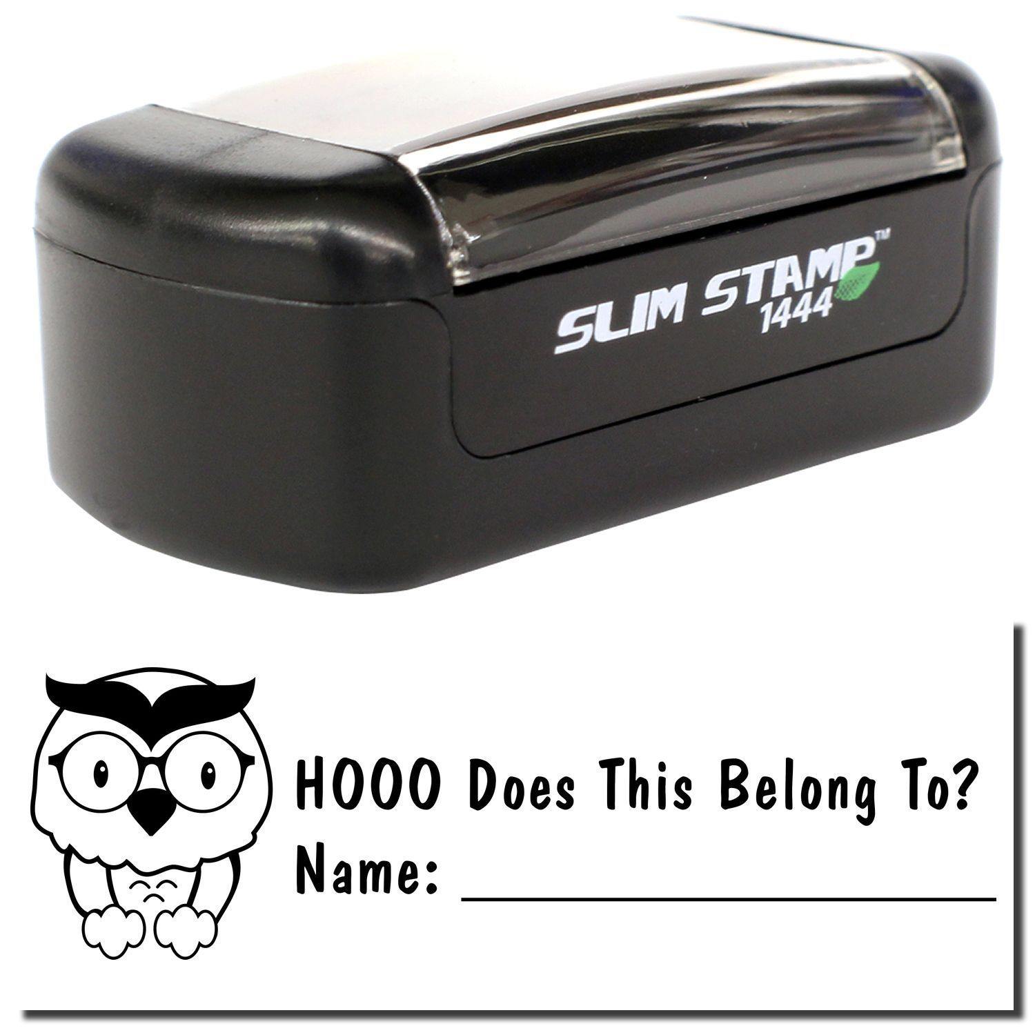 A stock office pre-inked stamp with a stamped image showing how the text HOOO Does This Belong to? with an owl image on the left side is displayed after stamping.