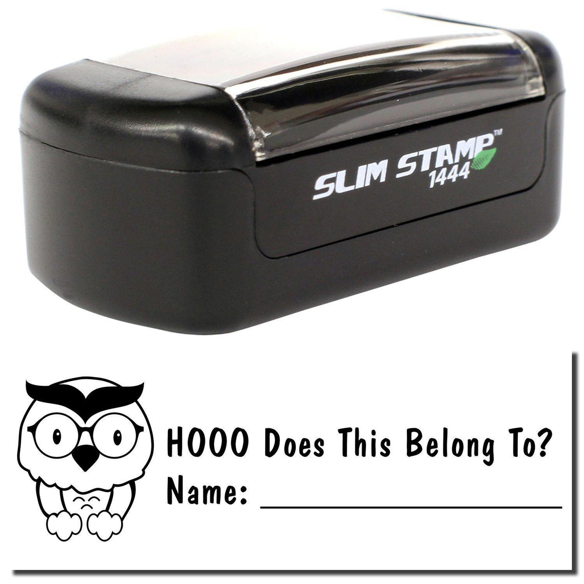 A stock office pre-inked stamp with a stamped image showing how the text &quot;HOOO Does This Belong to?&quot; with an owl image on the left side is displayed after stamping.
