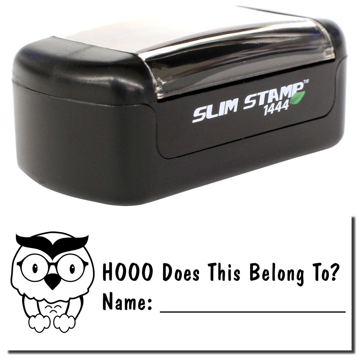 A stock office pre-inked stamp with a stamped image showing how the text "HOOO Does This Belong to?" with an owl image on the left side is displayed after stamping.
