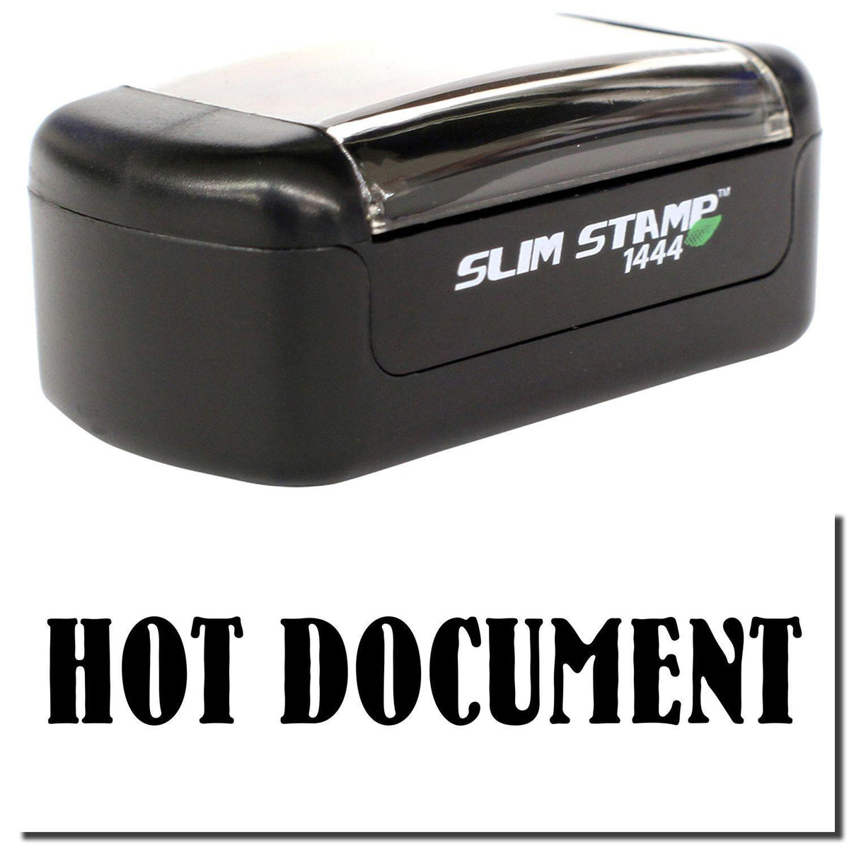 A stock office pre-inked stamp with a stamped image showing how the text &quot;HOT DOCUMENT&quot; is displayed after stamping.