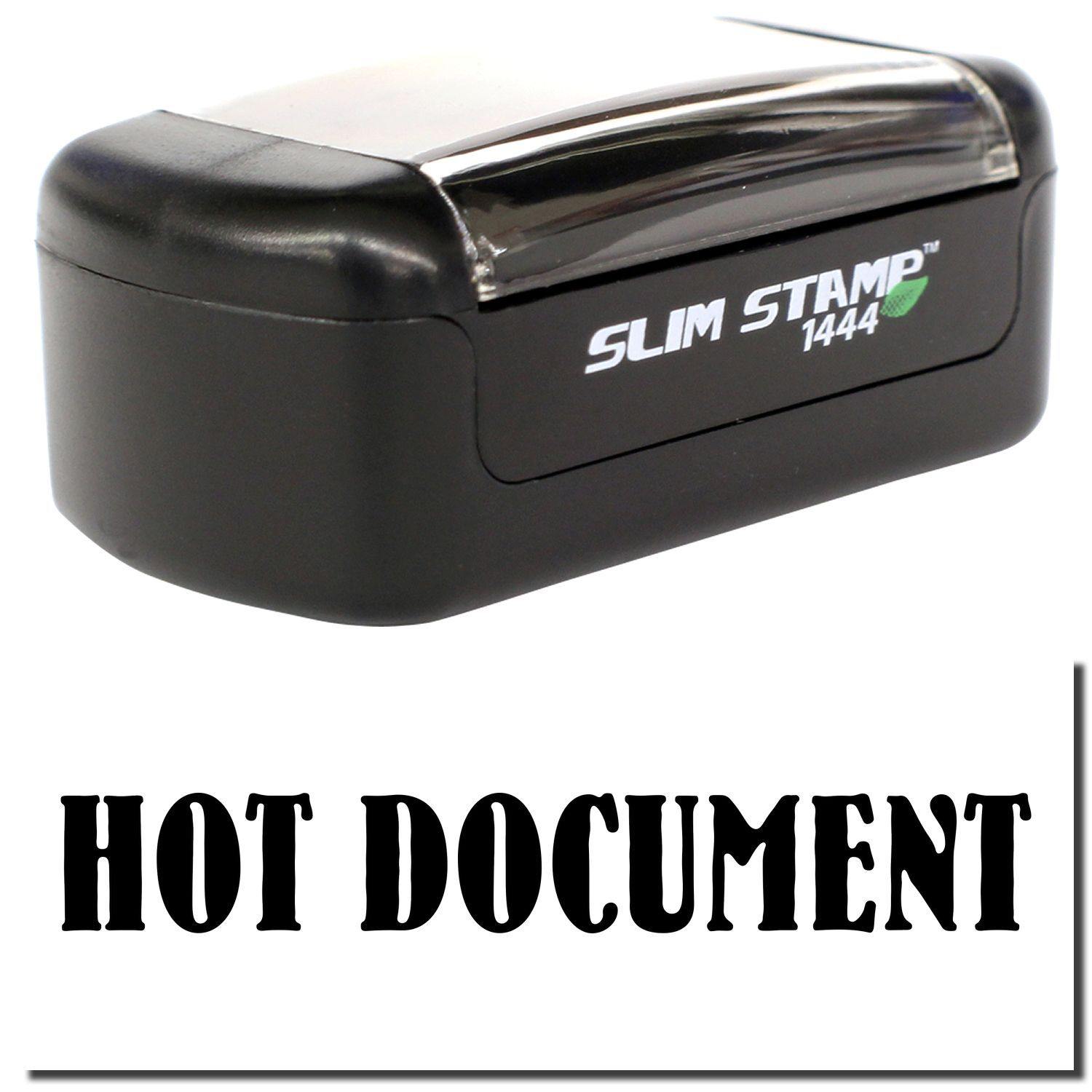 A stock office pre-inked stamp with a stamped image showing how the text "HOT DOCUMENT" is displayed after stamping.