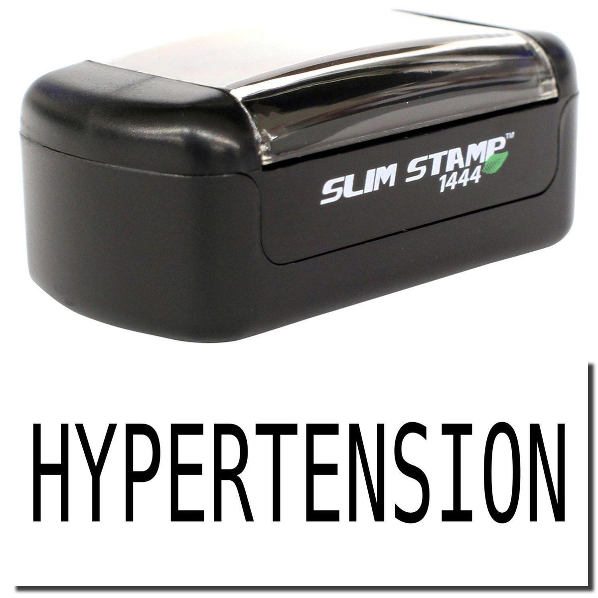 A stock office pre-inked stamp with a stamped image showing how the text &quot;HYPERTENSION&quot; is displayed after stamping.