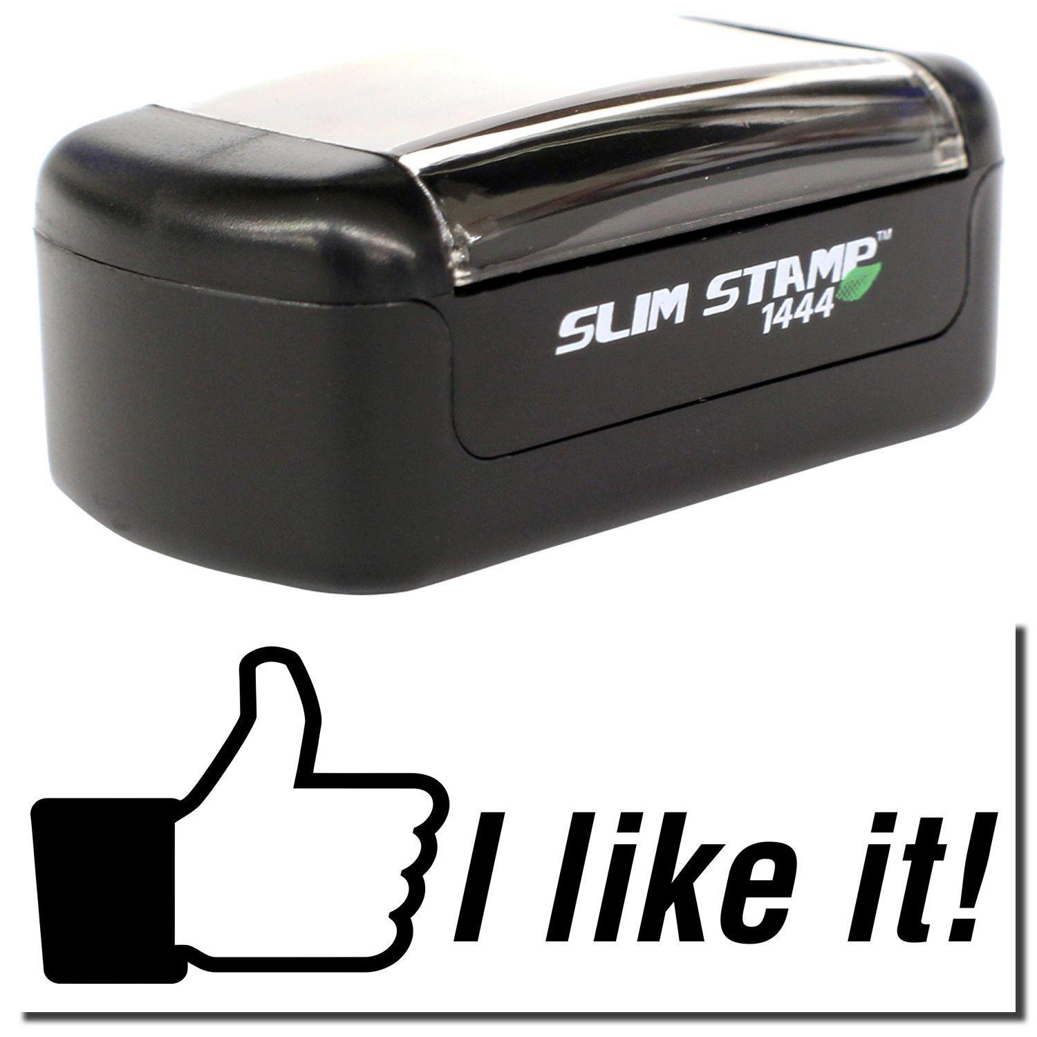A stock office pre-inked stamp with a stamped image showing how the text "I like it!" with a thumbs-up icon on the left side is displayed after stamping.