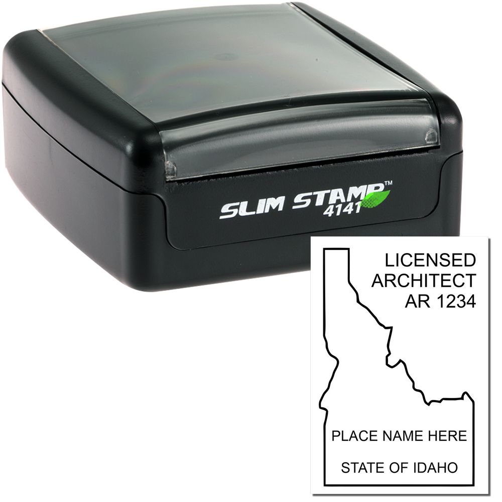 The main image for the Slim Pre-Inked Idaho Architect Seal Stamp depicting a sample of the imprint and electronic files