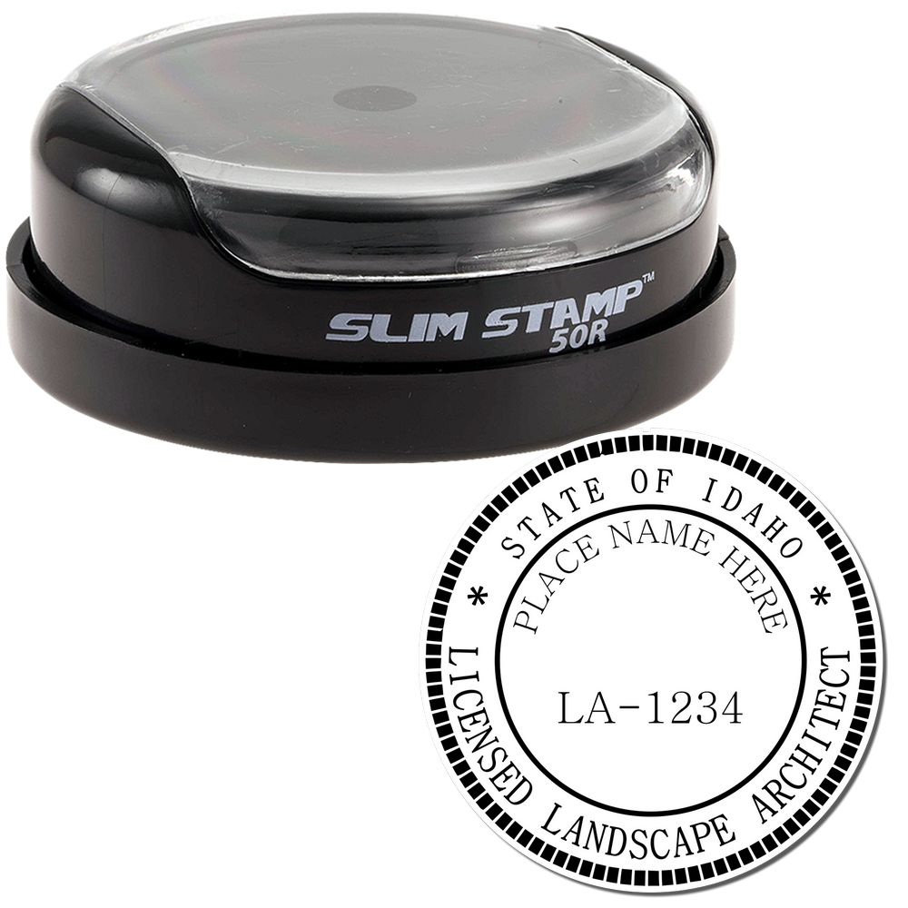 The main image for the Slim Pre-Inked Idaho Landscape Architect Seal Stamp depicting a sample of the imprint and electronic files