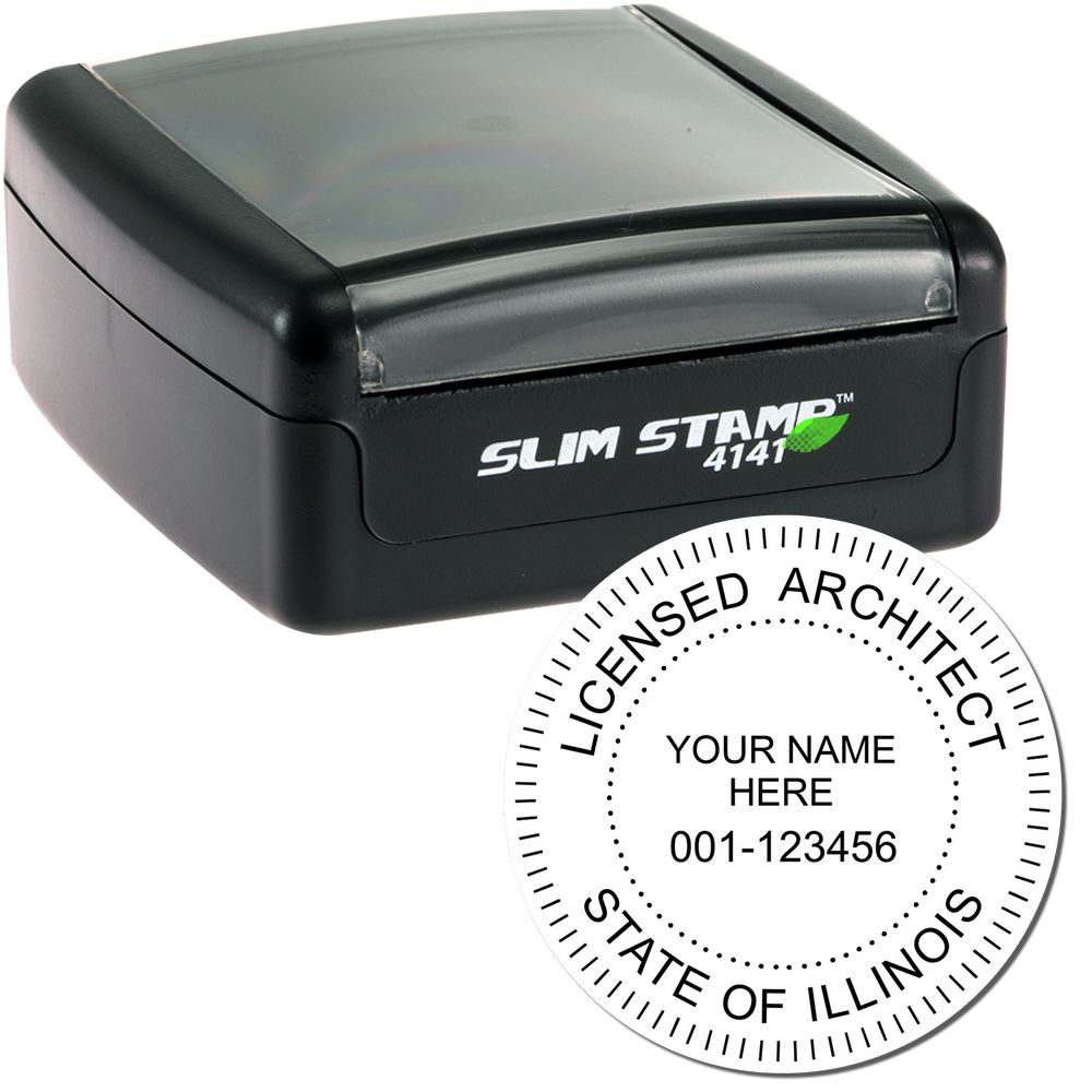 The main image for the Slim Pre-Inked Illinois Architect Seal Stamp depicting a sample of the imprint and electronic files