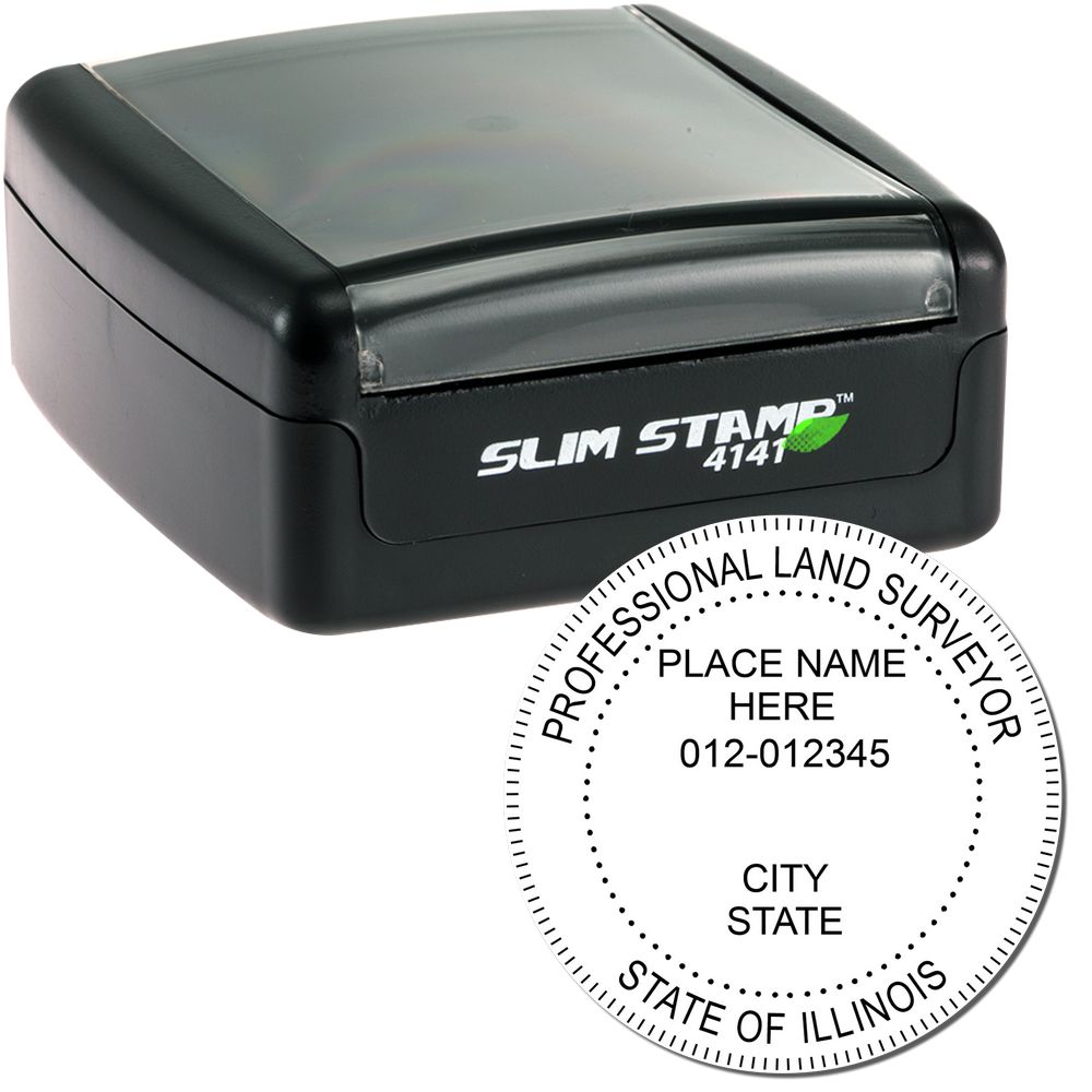 The main image for the Slim Pre-Inked Illinois Land Surveyor Seal Stamp depicting a sample of the imprint and electronic files