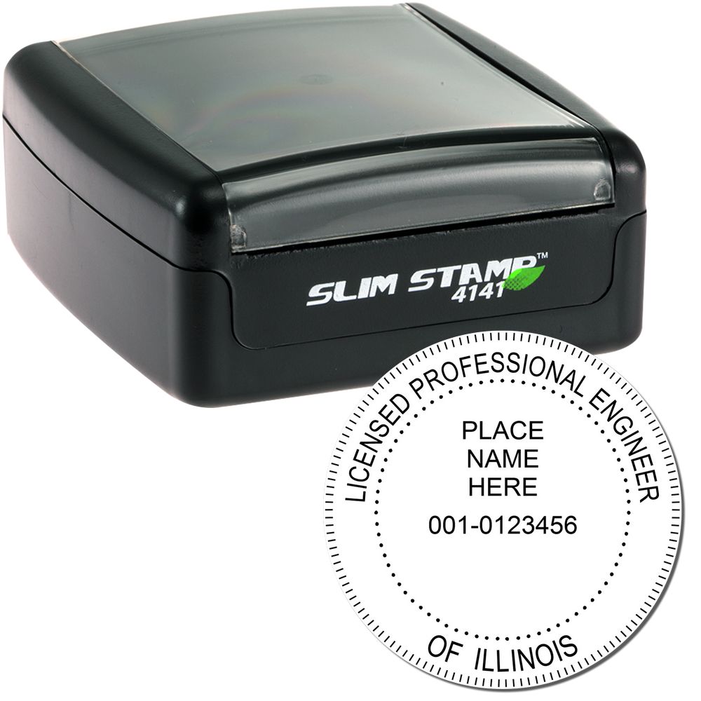 The main image for the Slim Pre-Inked Illinois Professional Engineer Seal Stamp depicting a sample of the imprint and electronic files