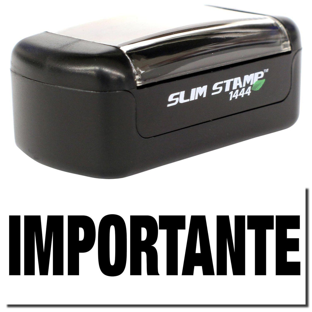 A stock office pre-inked stamp with a stamped image showing how the text &quot;IMPORTANTE&quot; is displayed after stamping.