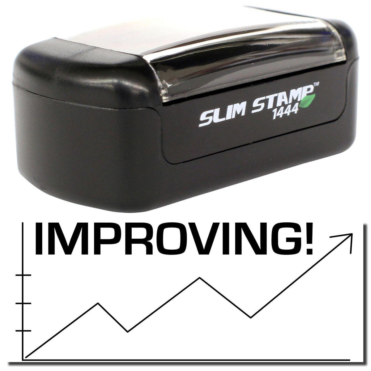 A stock office pre-inked stamp with a stamped image showing how the text &quot;IMPROVING!&quot; with an image of a chart showing an arrow moving up, down, and back up again is displayed after stamping.