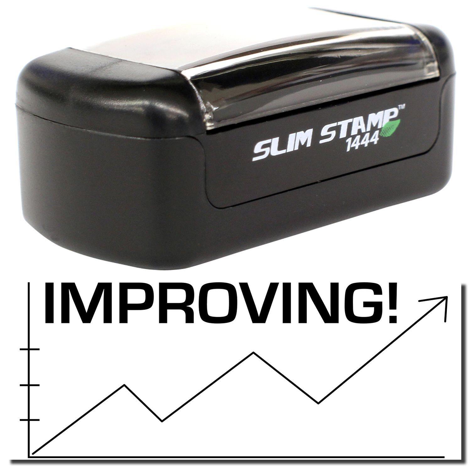 A stock office pre-inked stamp with a stamped image showing how the text "IMPROVING!" with an image of a chart showing an arrow moving up, down, and back up again is displayed after stamping.
