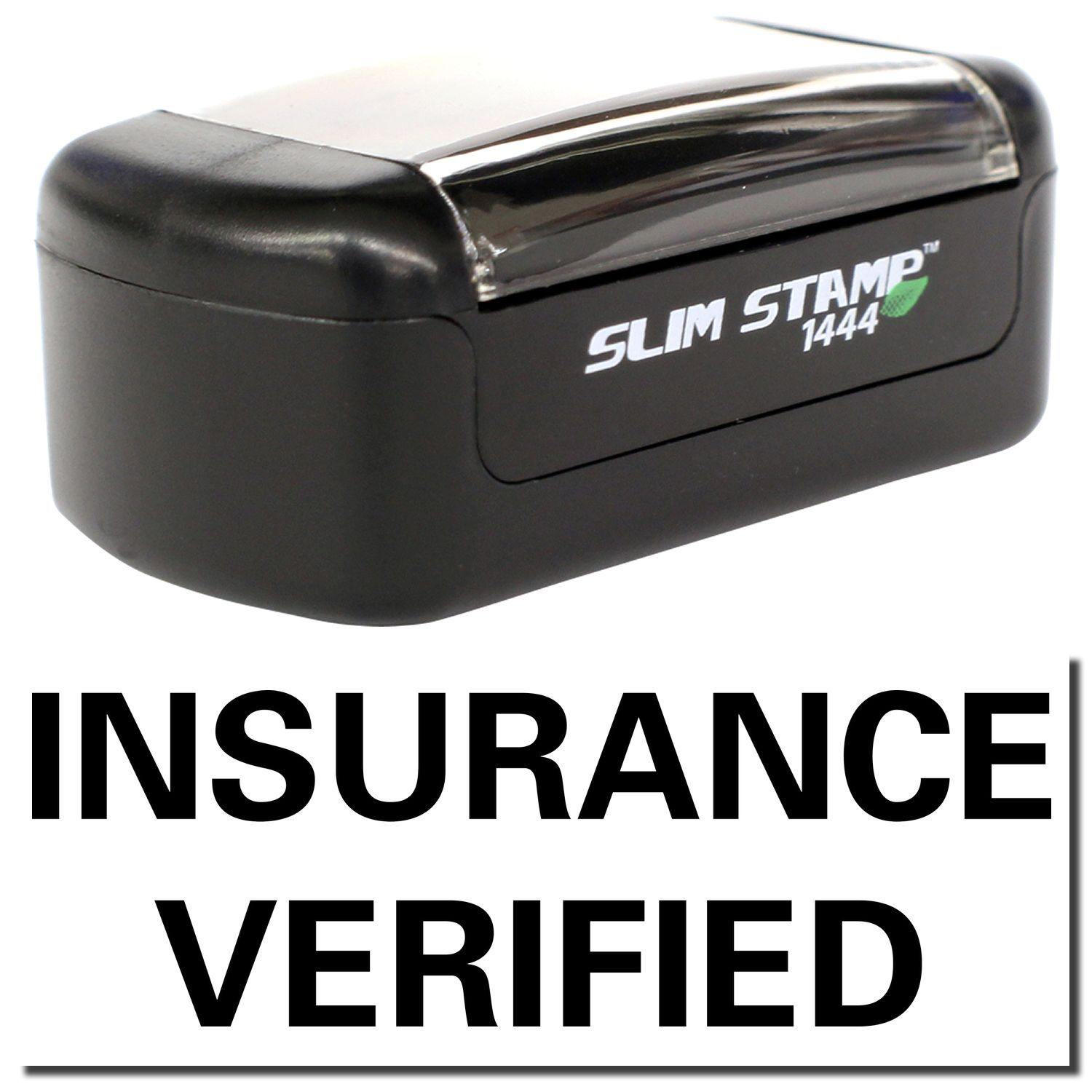 A stock office pre-inked stamp with a stamped image showing how the text INSURANCE VERIFIED is displayed after stamping.