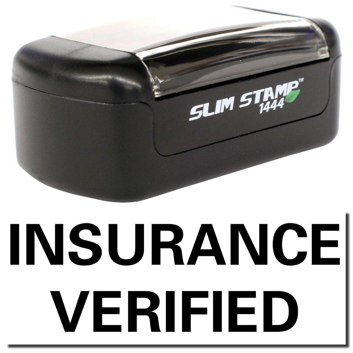 A stock office pre-inked stamp with a stamped image showing how the text &quot;INSURANCE VERIFIED&quot; is displayed after stamping.