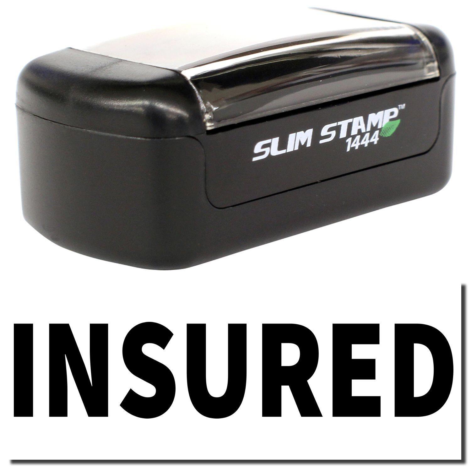 A stock office pre-inked stamp with a stamped image showing how the text INSURED is displayed after stamping.