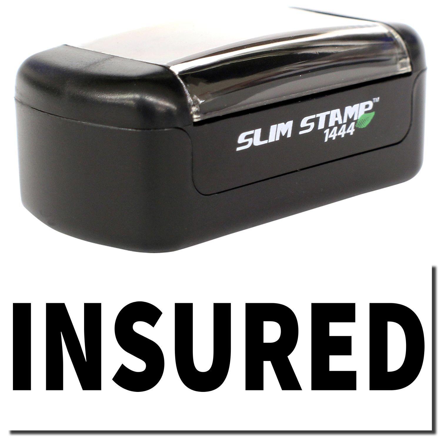 A stock office pre-inked stamp with a stamped image showing how the text "INSURED" is displayed after stamping.