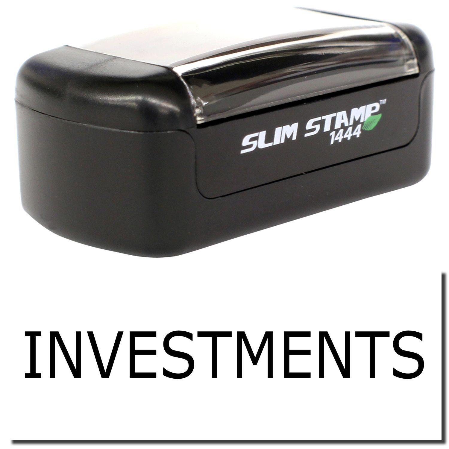 A stock office pre-inked stamp with a stamped image showing how the text INVESTMENTS is displayed after stamping.