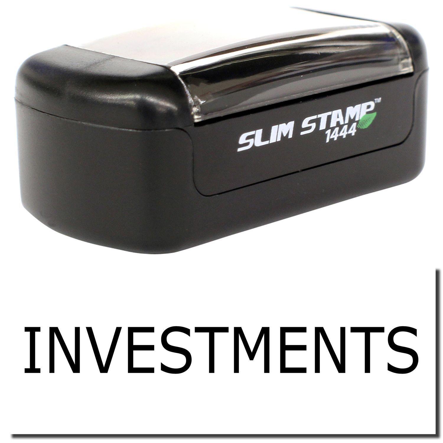 A stock office pre-inked stamp with a stamped image showing how the text "INVESTMENTS" is displayed after stamping.