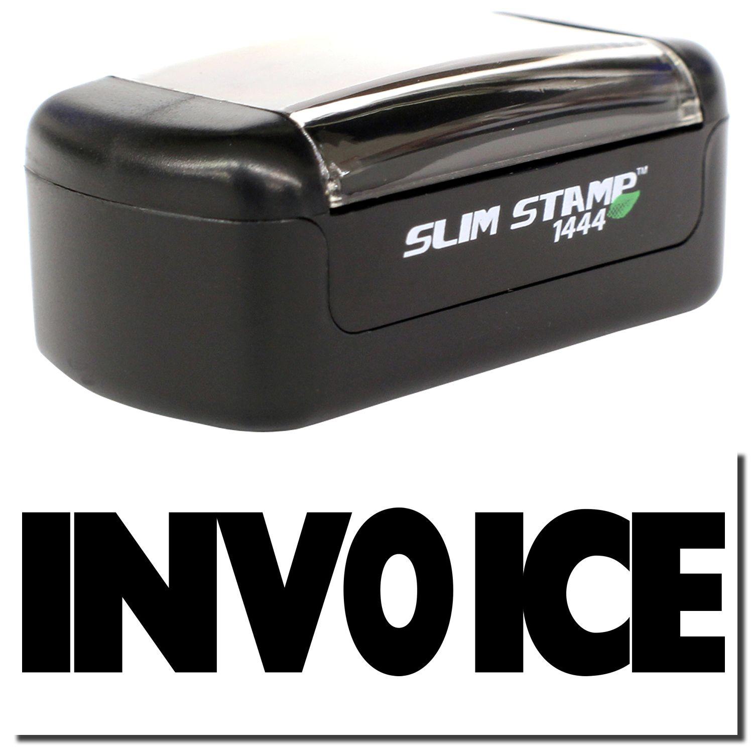 A stock office pre-inked stamp with a stamped image showing how the text "INVOICE" is displayed after stamping.
