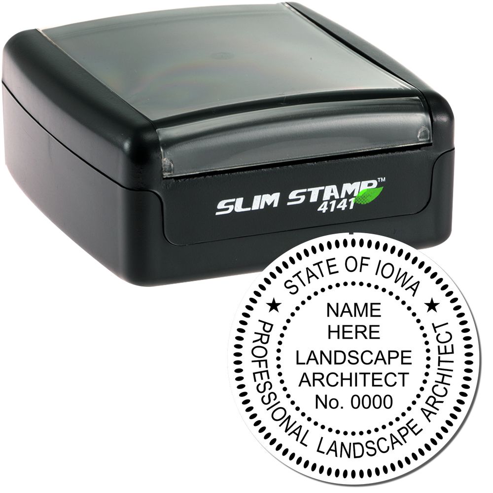 The main image for the Slim Pre-Inked Iowa Landscape Architect Seal Stamp depicting a sample of the imprint and electronic files