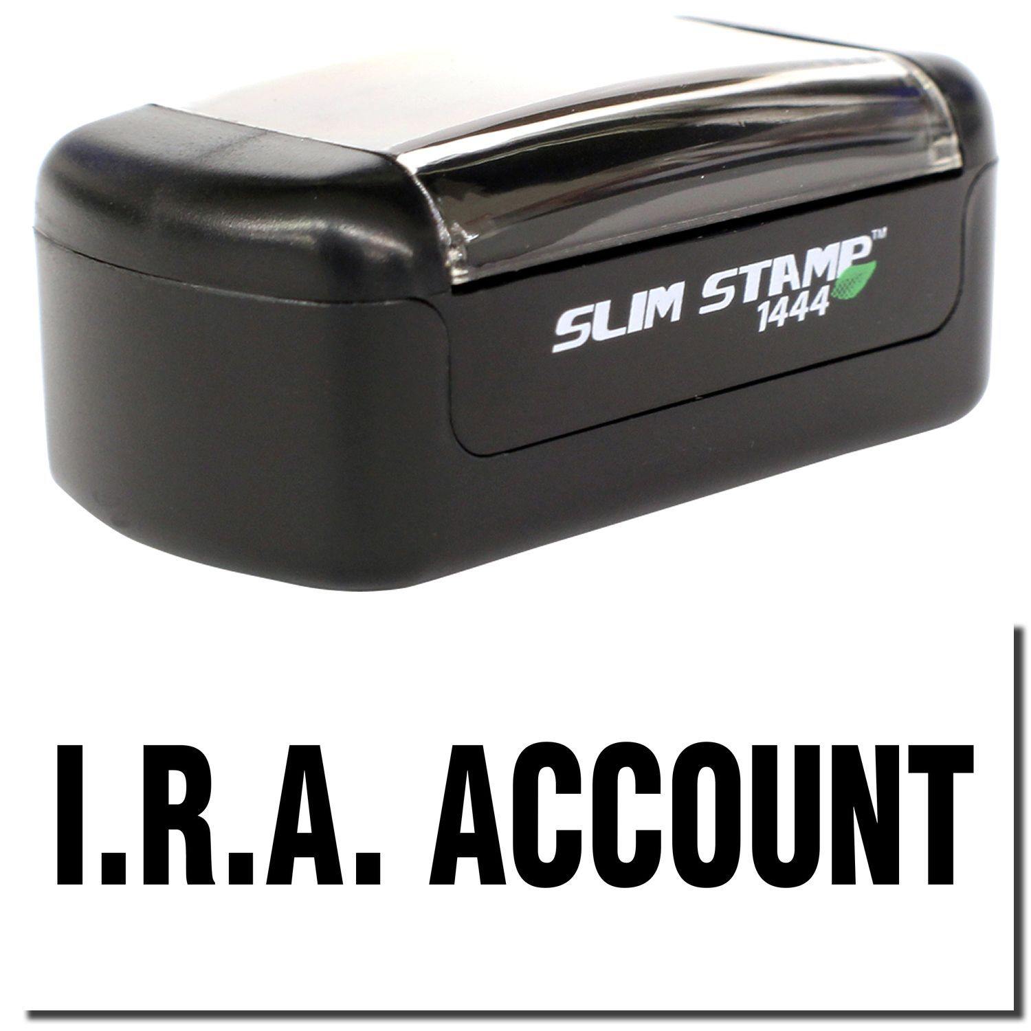 A stock office pre-inked stamp with a stamped image showing how the text "I.R.A. ACCOUNT" is displayed after stamping.