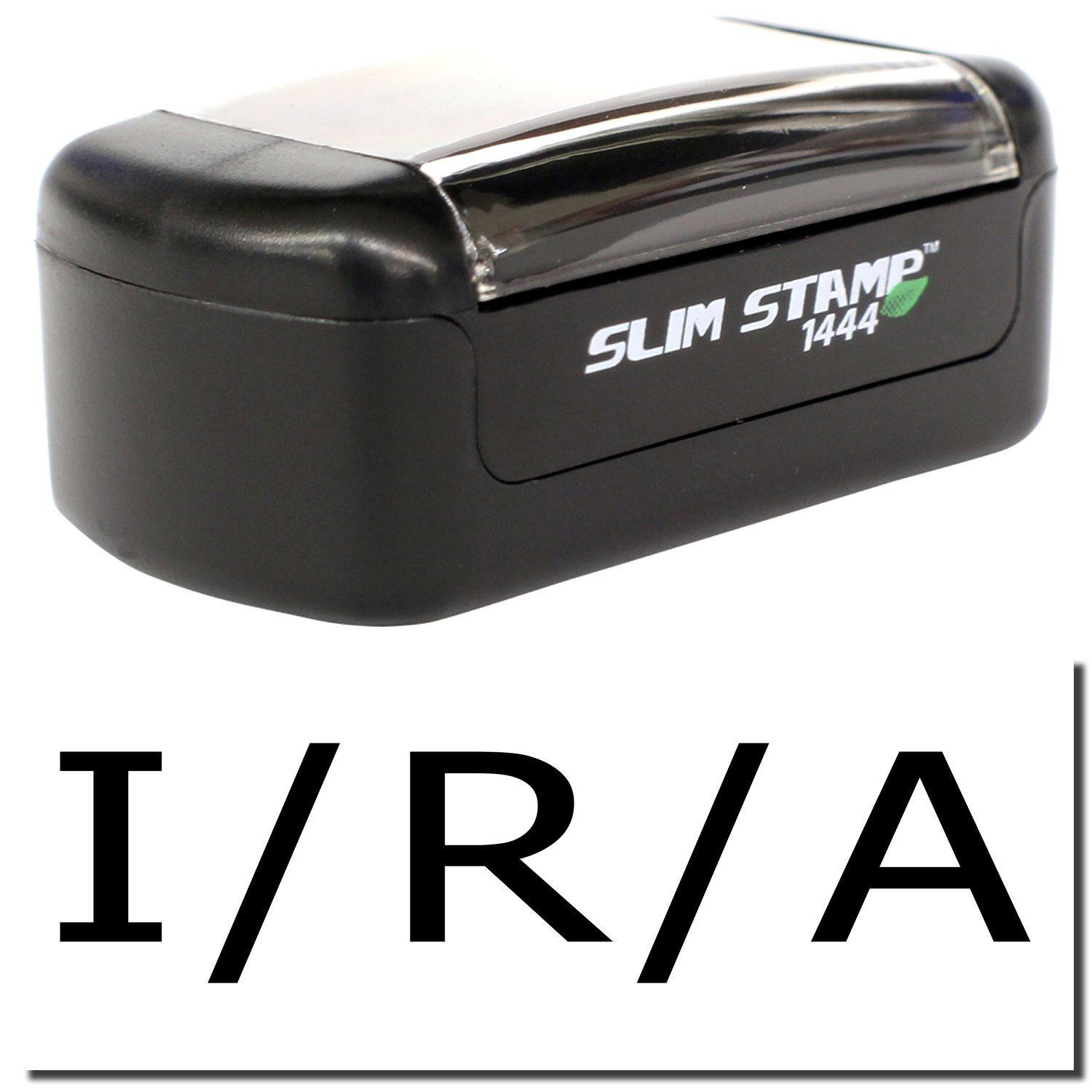 A stock office pre-inked stamp with a stamped image showing how the text I/R/A is displayed after stamping.