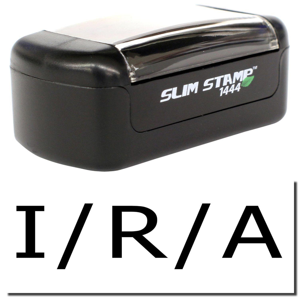 A stock office pre-inked stamp with a stamped image showing how the text &quot;I/R/A&quot; is displayed after stamping.