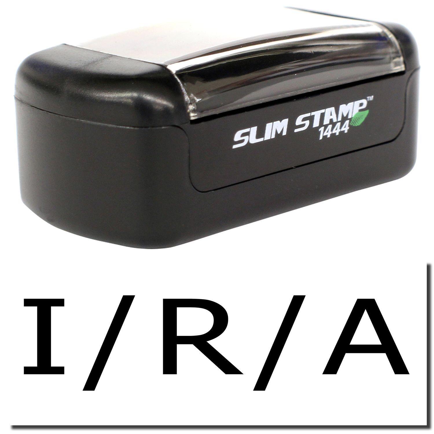 A stock office pre-inked stamp with a stamped image showing how the text "I/R/A" is displayed after stamping.