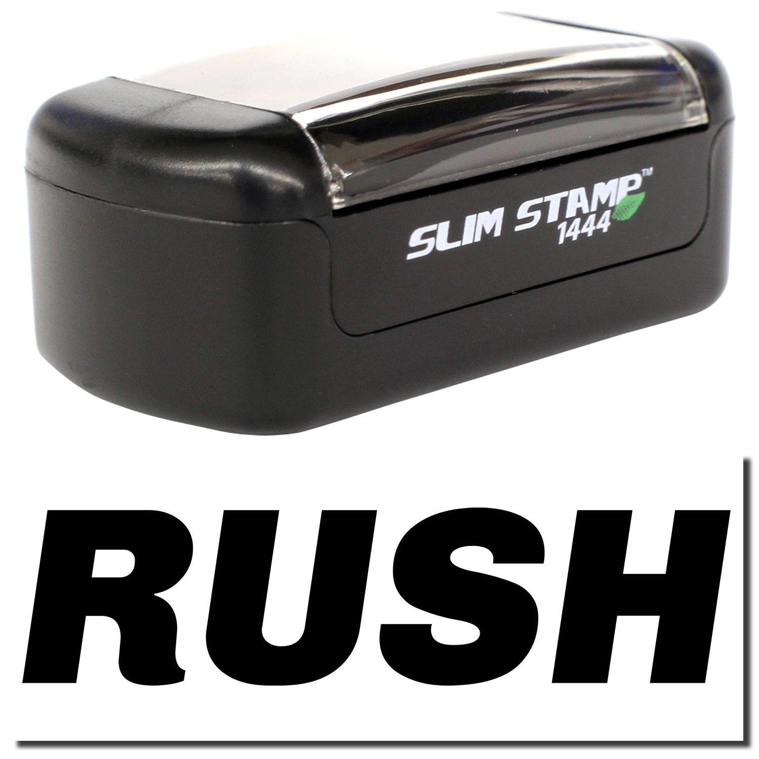 A stock office pre-inked stamp with a stamped image showing how the text RUSH in italic font is displayed after stamping.