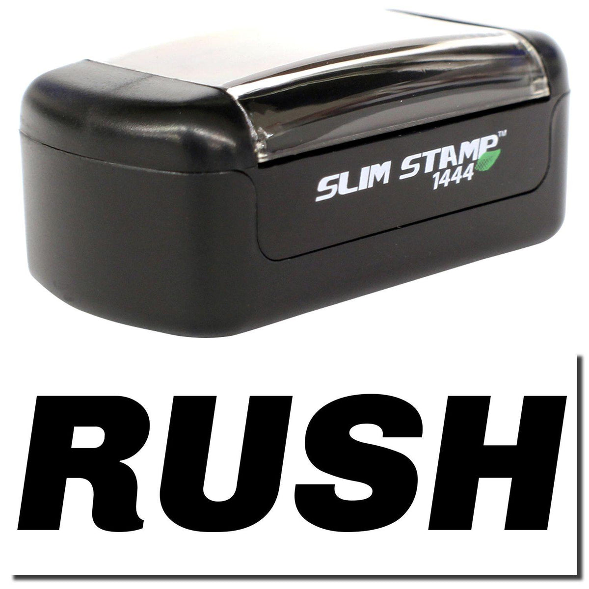 A stock office pre-inked stamp with a stamped image showing how the text &quot;RUSH&quot; in italic font is displayed after stamping.