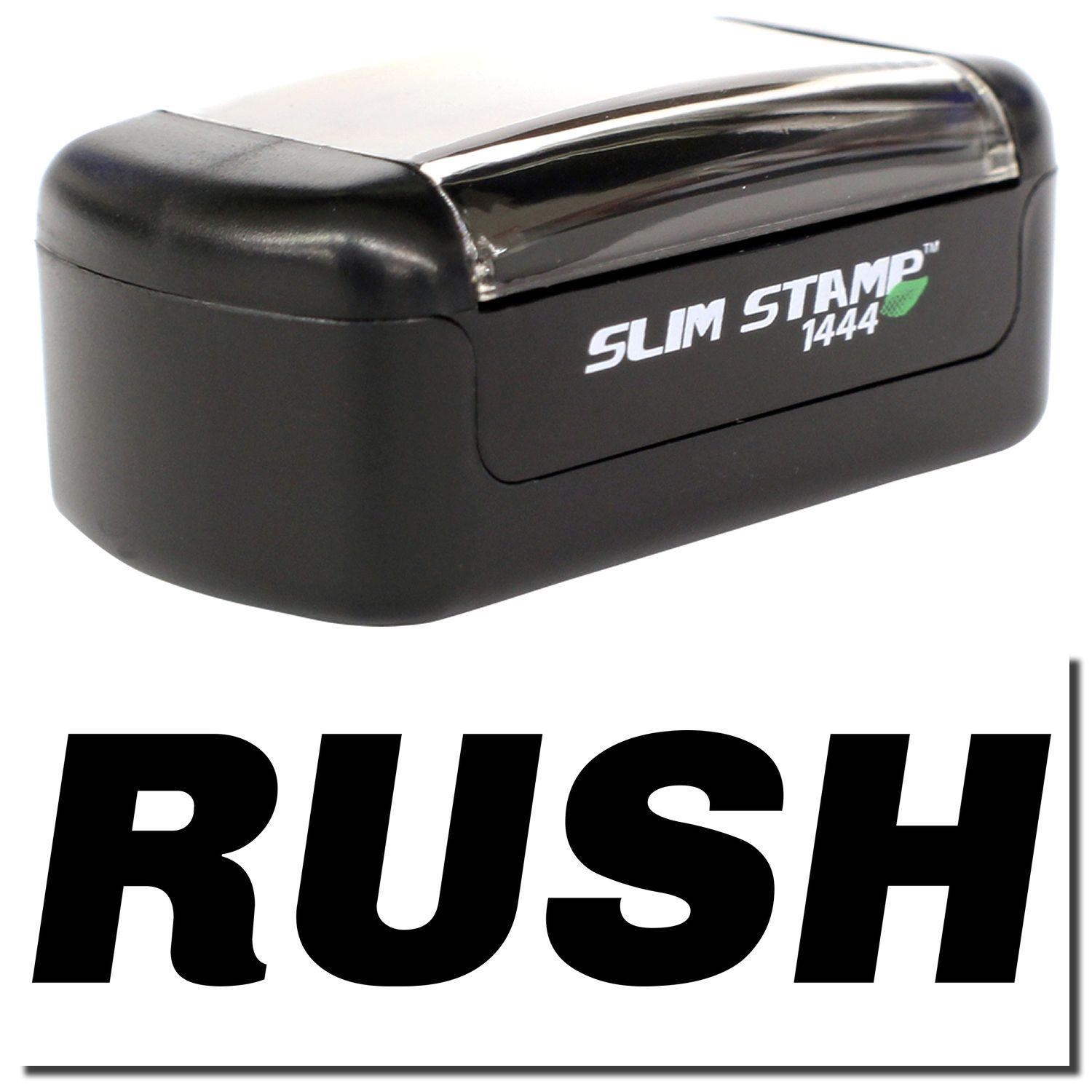 A stock office pre-inked stamp with a stamped image showing how the text "RUSH" in italic font is displayed after stamping.