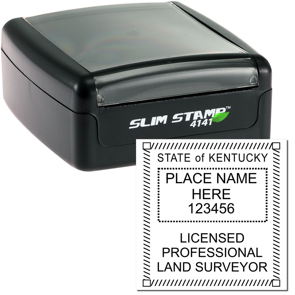 The main image for the Slim Pre-Inked Kentucky Land Surveyor Seal Stamp depicting a sample of the imprint and electronic files