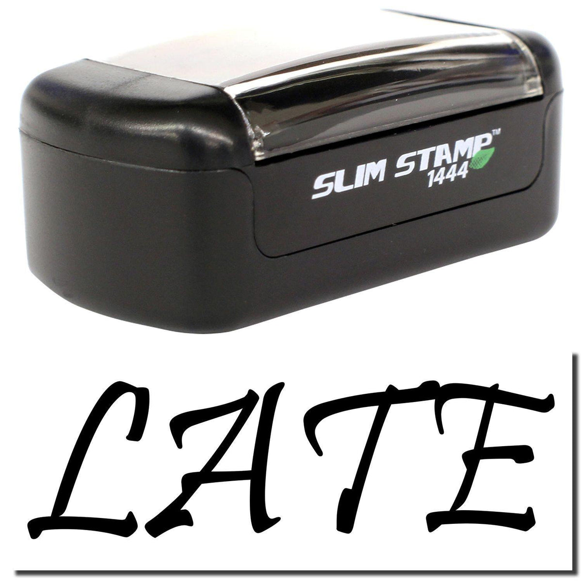 A stock office pre-inked stamp with a stamped image showing how the text &quot;LATE&quot; is displayed after stamping.