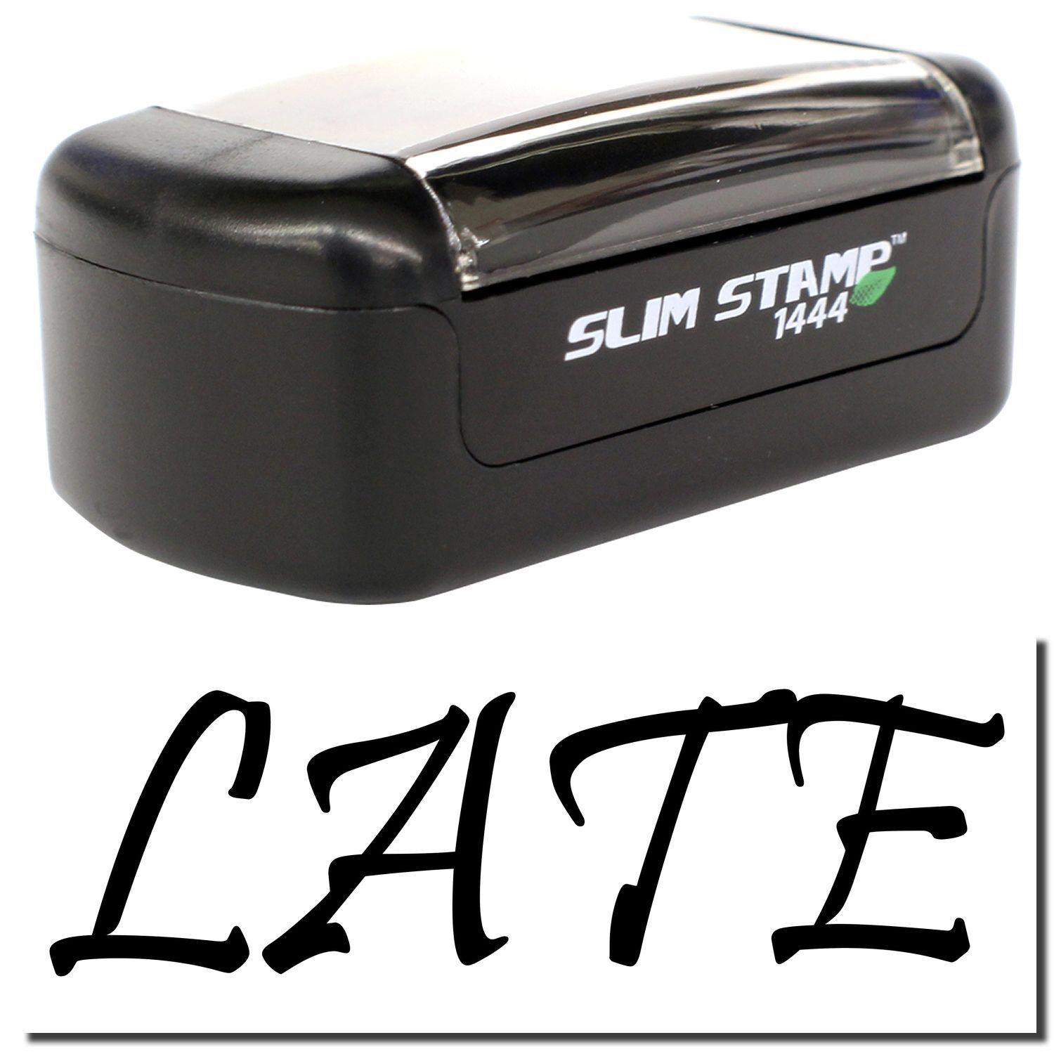 A stock office pre-inked stamp with a stamped image showing how the text "LATE" is displayed after stamping.