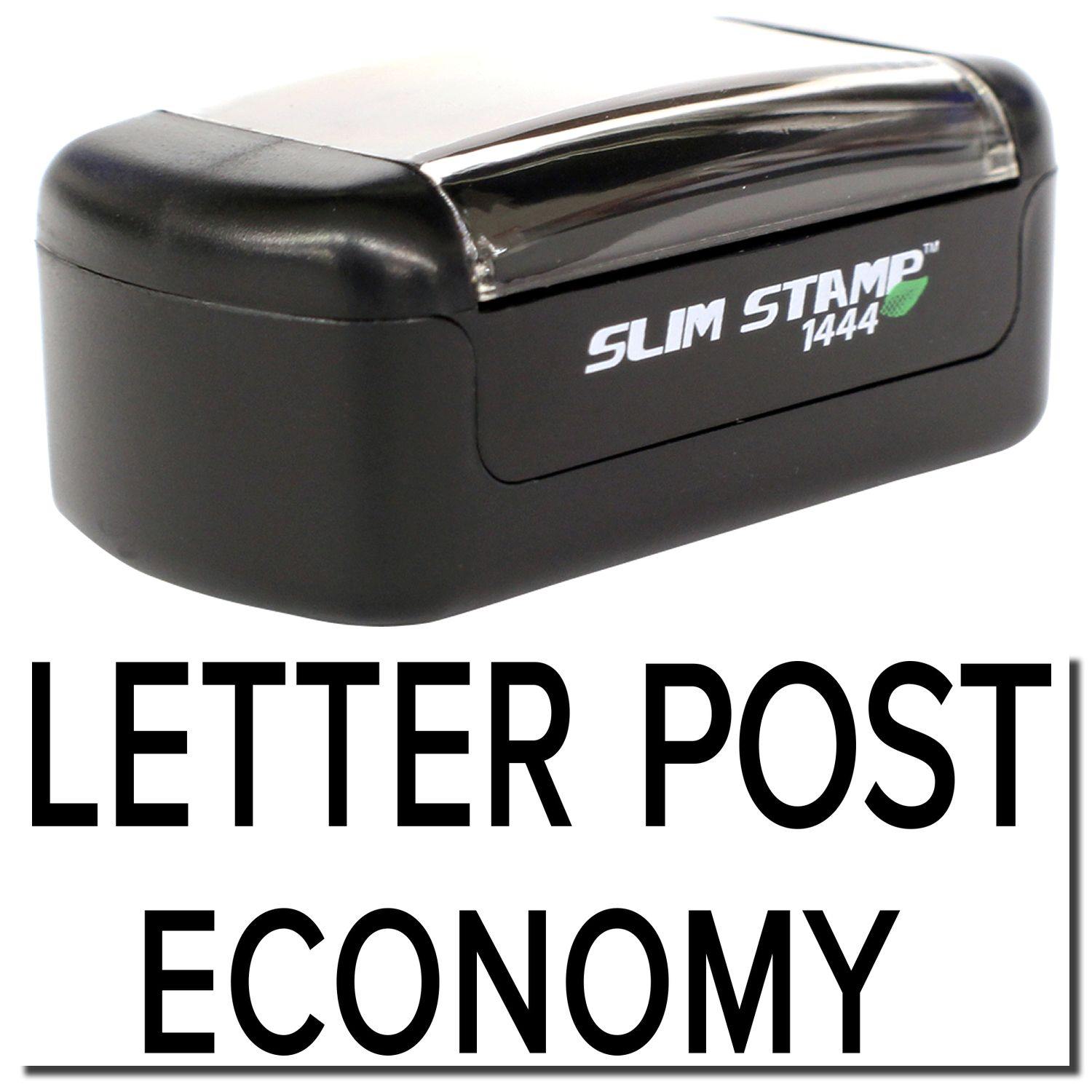 A stock office pre-inked stamp with a stamped image showing how the text LETTER POST ECONOMY is displayed after stamping.