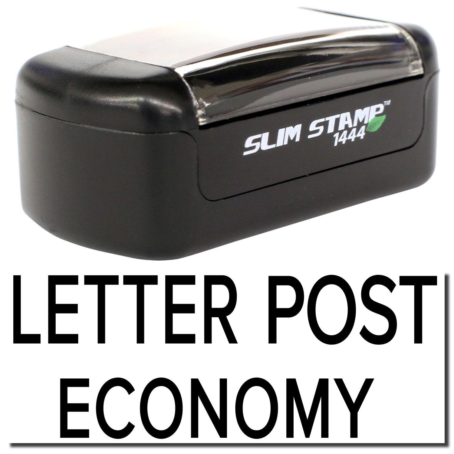 A stock office pre-inked stamp with a stamped image showing how the text "LETTER POST ECONOMY" is displayed after stamping.