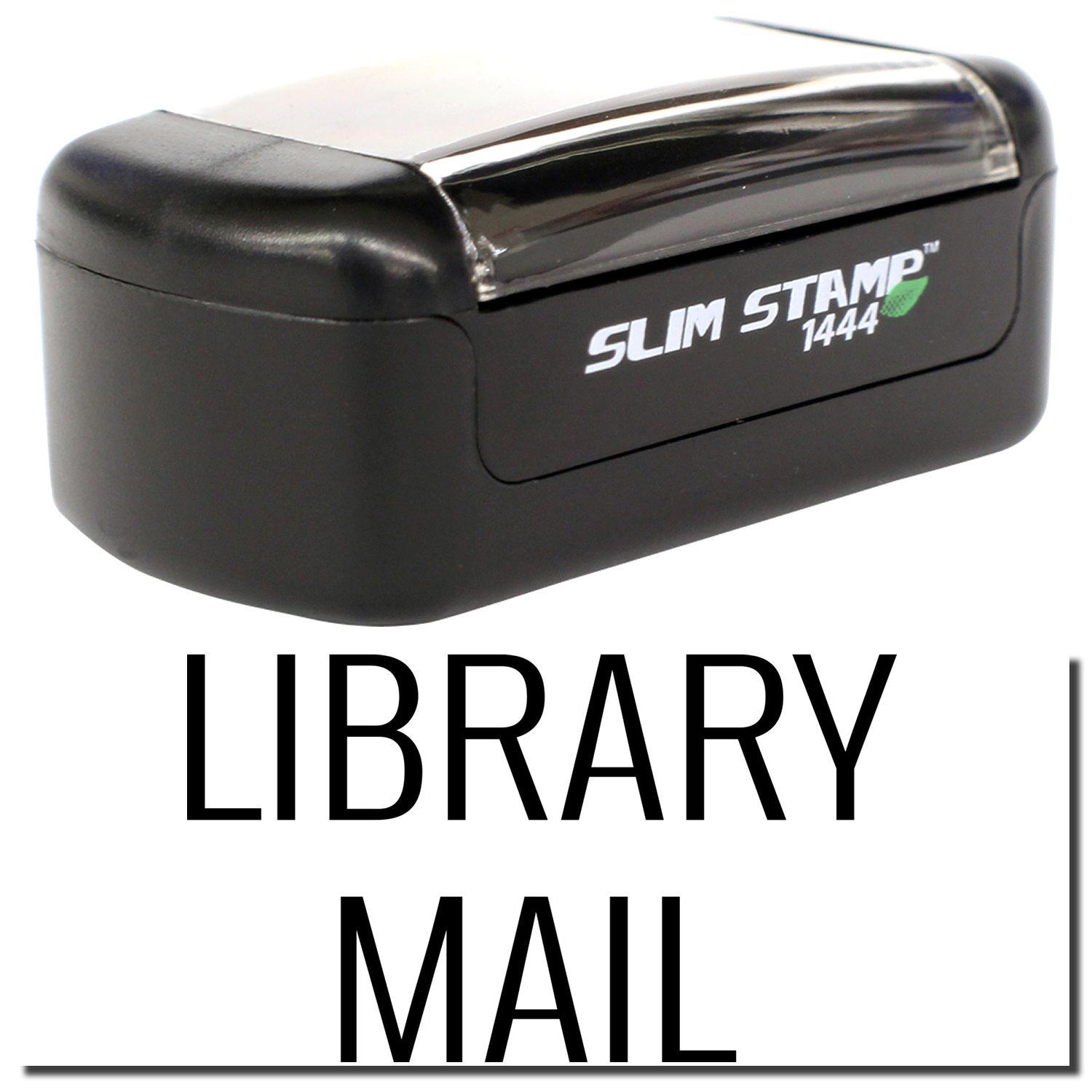 A stock office pre-inked stamp with a stamped image showing how the text LIBRARY MAIL is displayed after stamping.