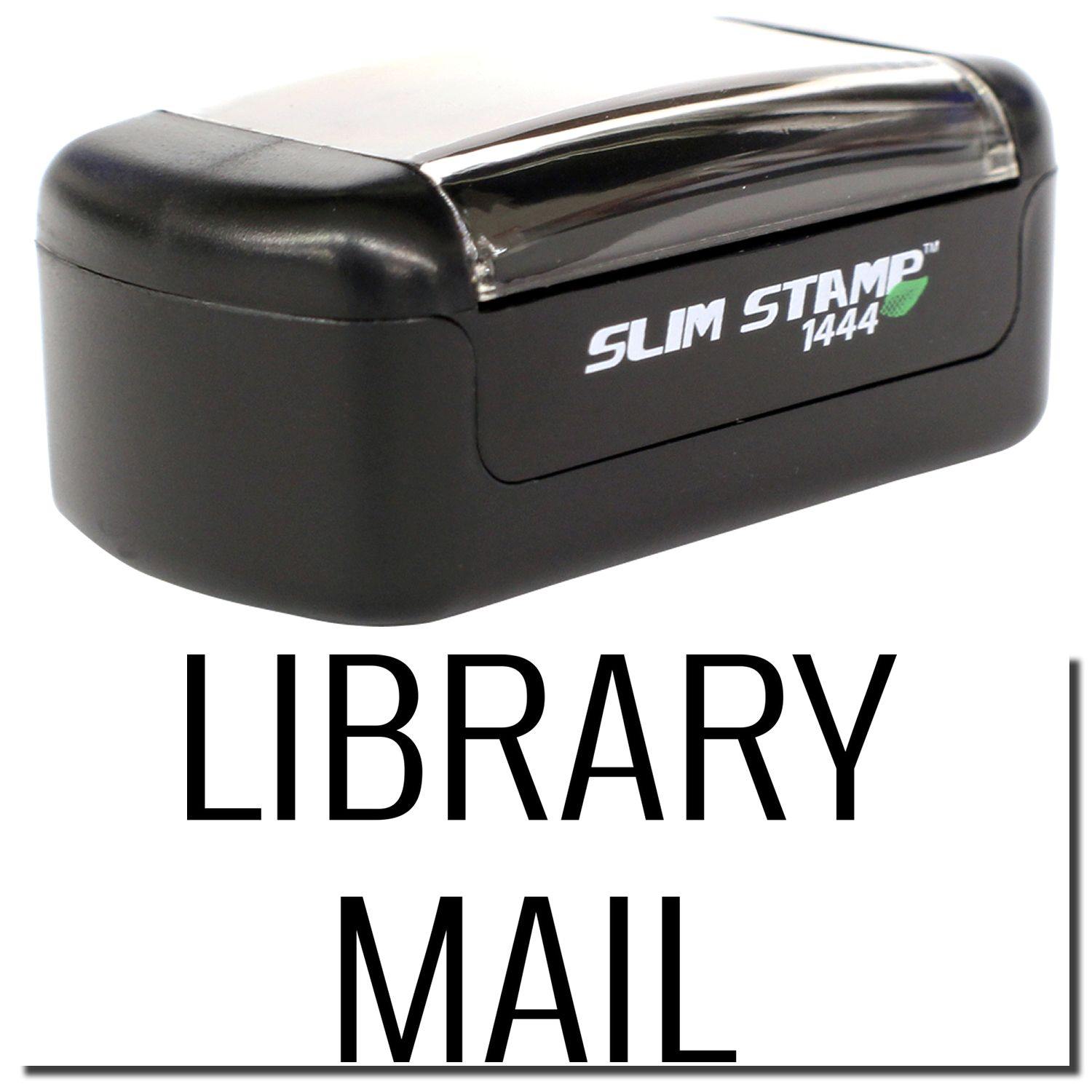 A stock office pre-inked stamp with a stamped image showing how the text "LIBRARY MAIL" is displayed after stamping.