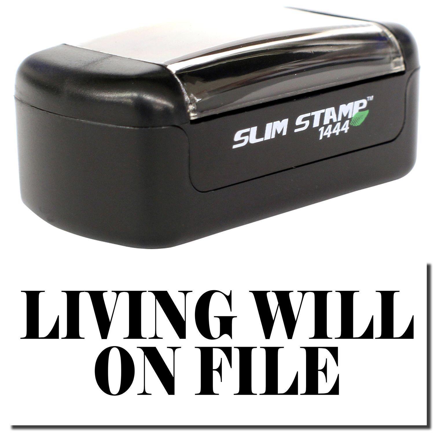 A stock office pre-inked stamp with a stamped image showing how the text LIVING WILL ON FILE is displayed after stamping.