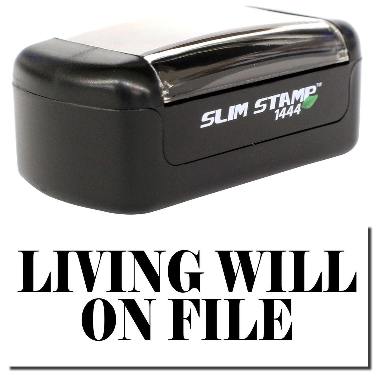 A stock office pre-inked stamp with a stamped image showing how the text &quot;LIVING WILL ON FILE&quot; is displayed after stamping.