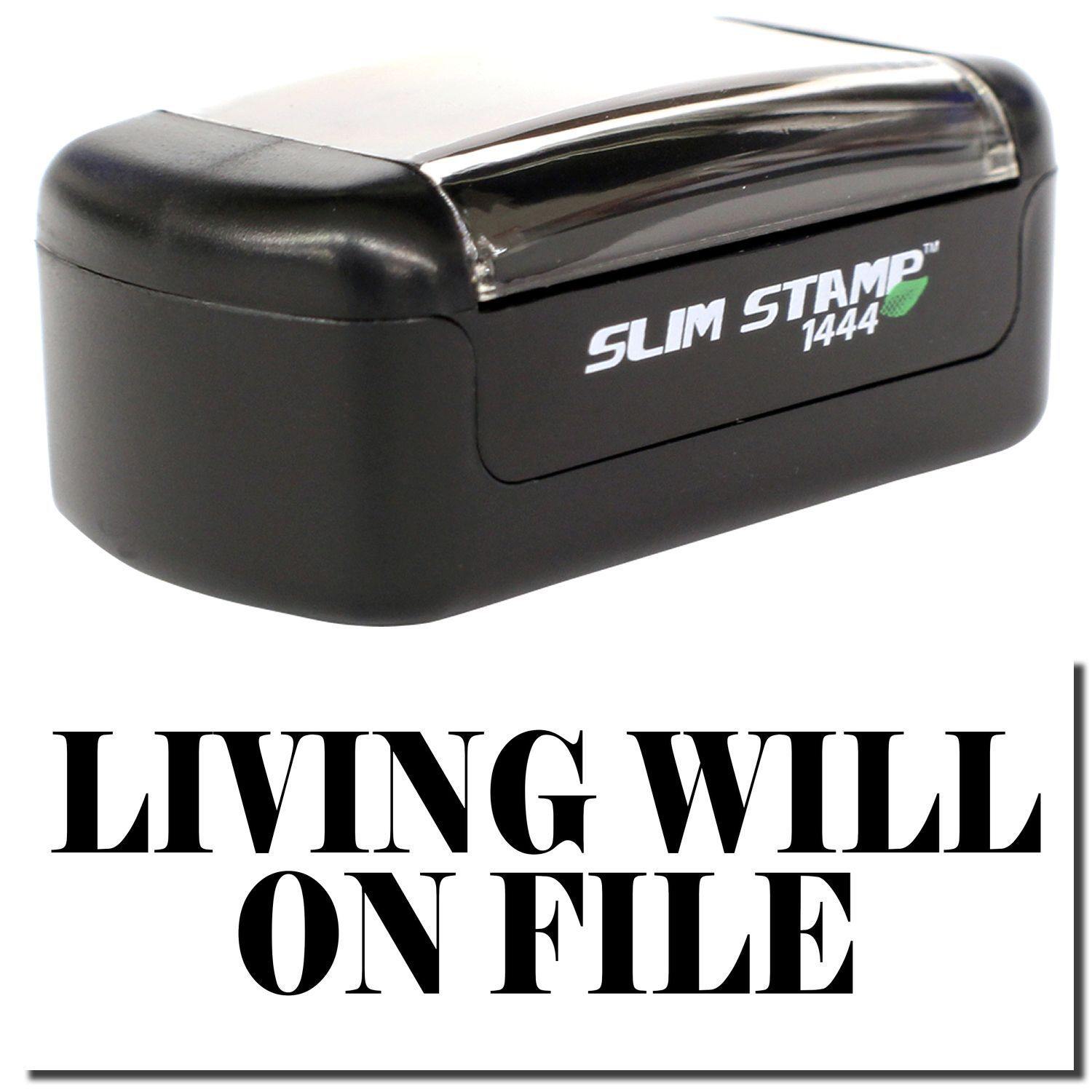 A stock office pre-inked stamp with a stamped image showing how the text "LIVING WILL ON FILE" is displayed after stamping.