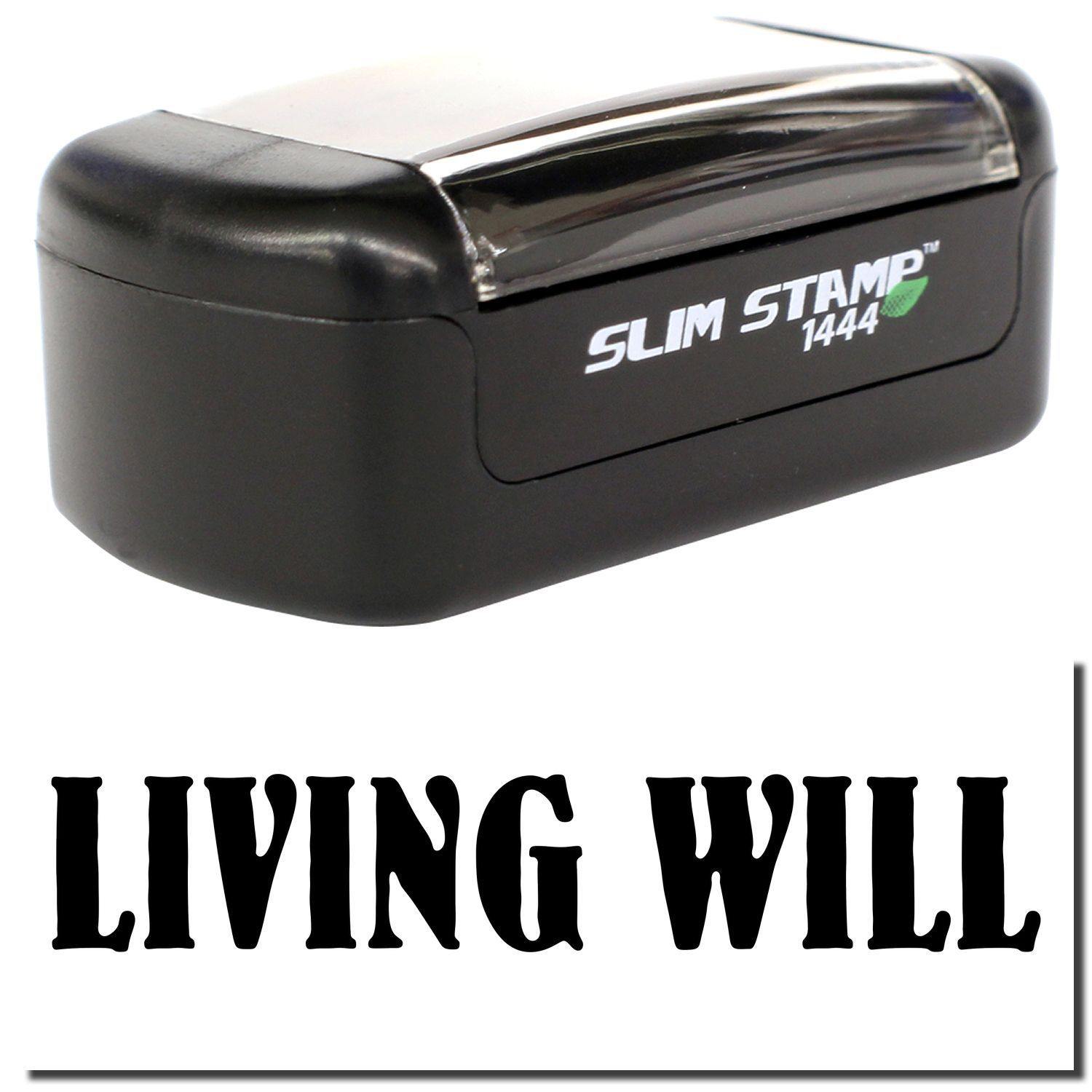 A stock office pre-inked stamp with a stamped image showing how the text LIVING WILL is displayed after stamping.