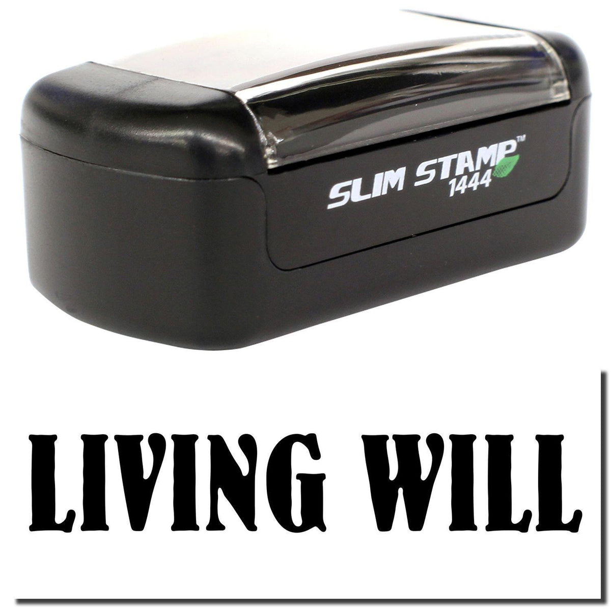 A stock office pre-inked stamp with a stamped image showing how the text &quot;LIVING WILL&quot; is displayed after stamping.