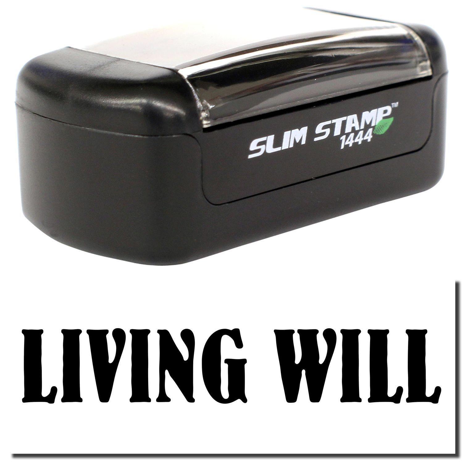 A stock office pre-inked stamp with a stamped image showing how the text "LIVING WILL" is displayed after stamping.