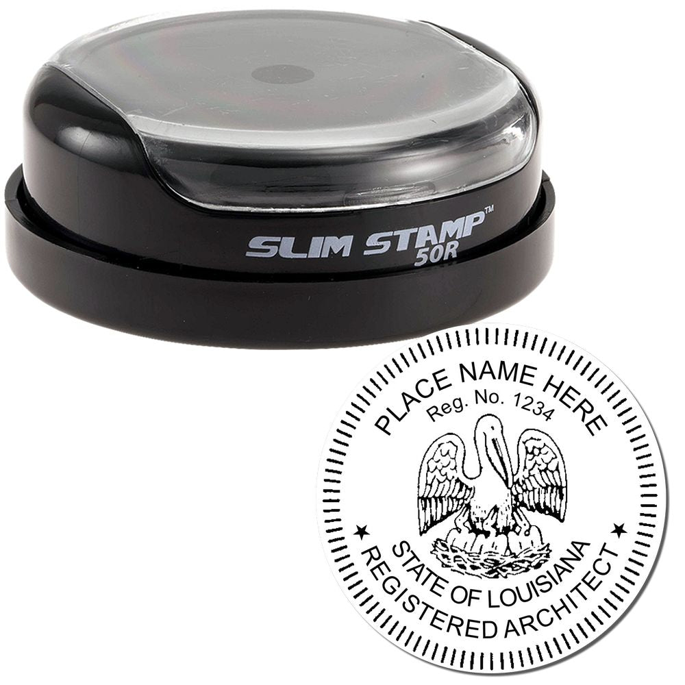 The main image for the Slim Pre-Inked Louisiana Architect Seal Stamp depicting a sample of the imprint and electronic files