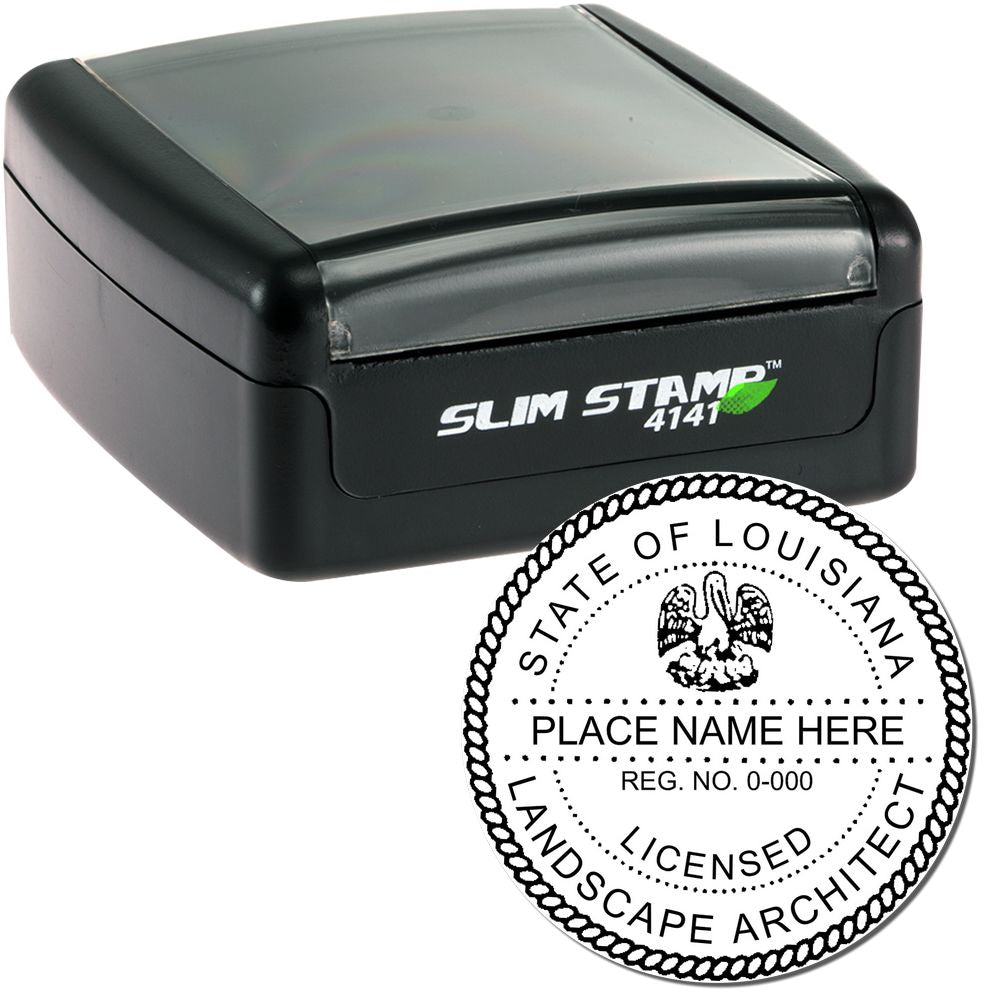 The main image for the Slim Pre-Inked Louisiana Landscape Architect Seal Stamp depicting a sample of the imprint and electronic files