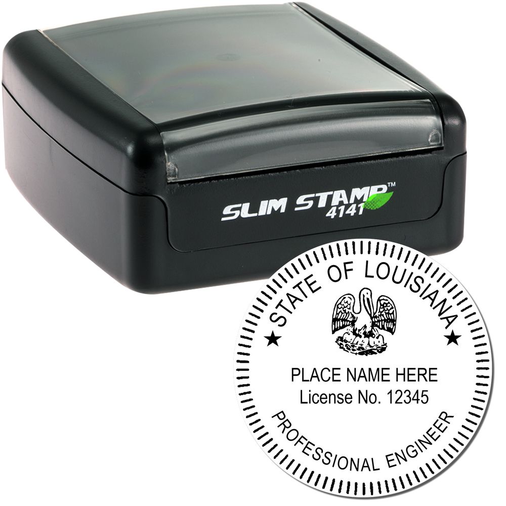 The main image for the Slim Pre-Inked Louisiana Professional Engineer Seal Stamp depicting a sample of the imprint and electronic files
