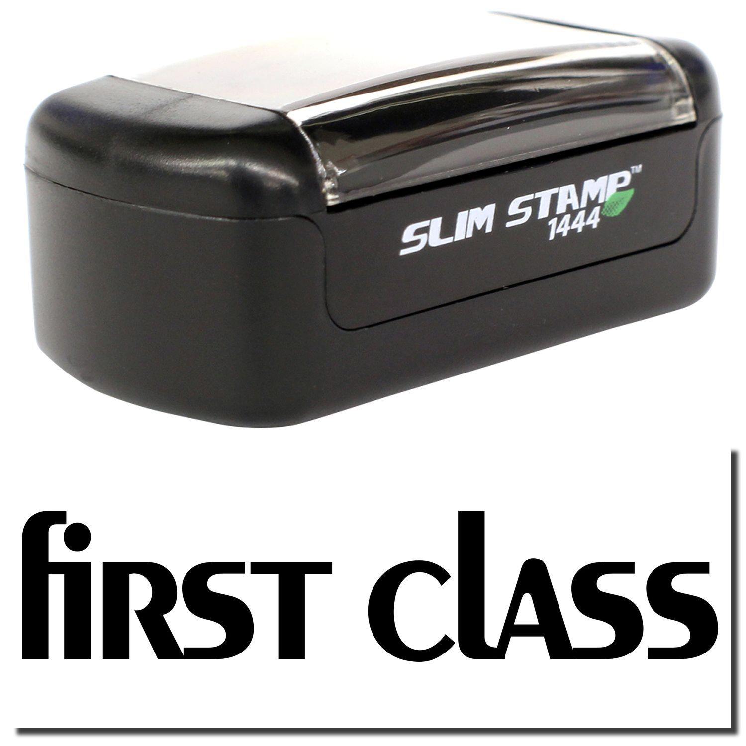 A stock office pre-inked stamp with a stamped image showing how the text first class in lowercase letters is displayed after stamping.