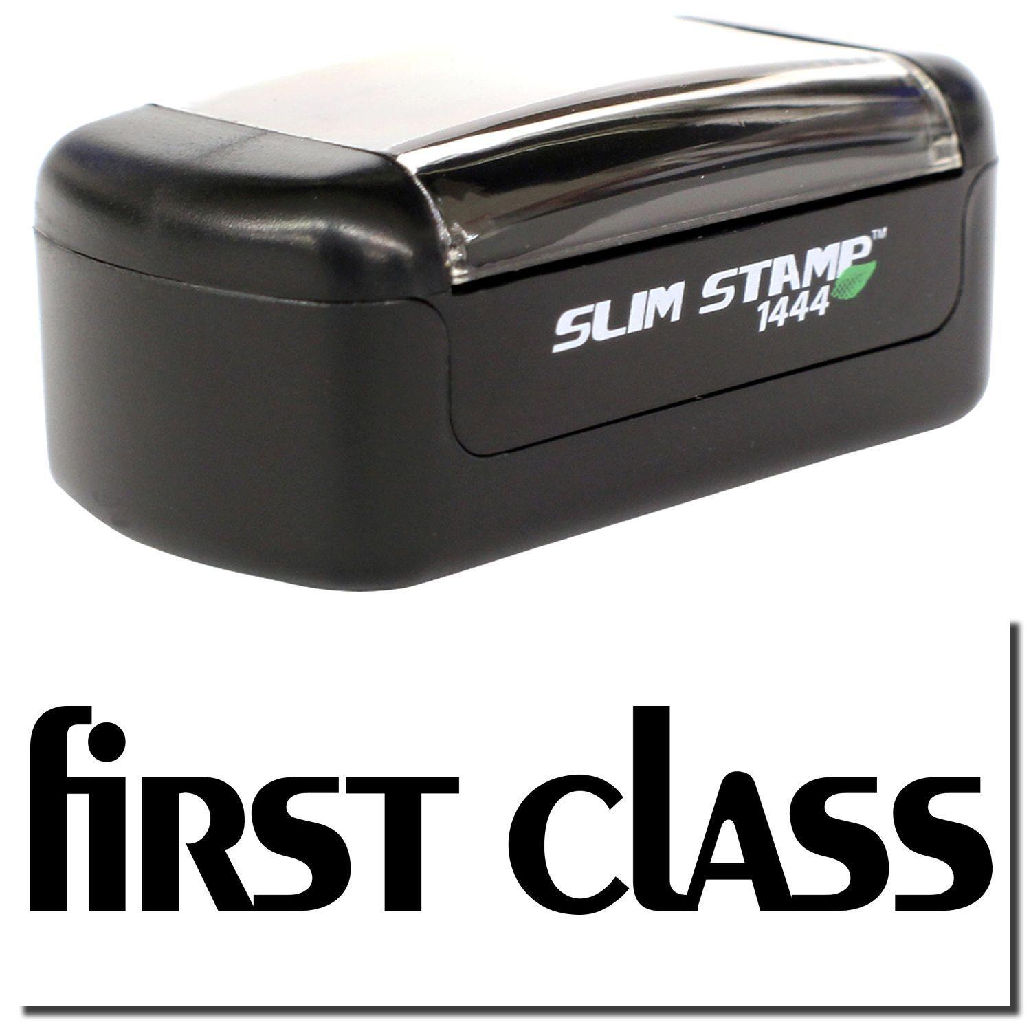 A stock office pre-inked stamp with a stamped image showing how the text "first class" in lowercase letters is displayed after stamping.