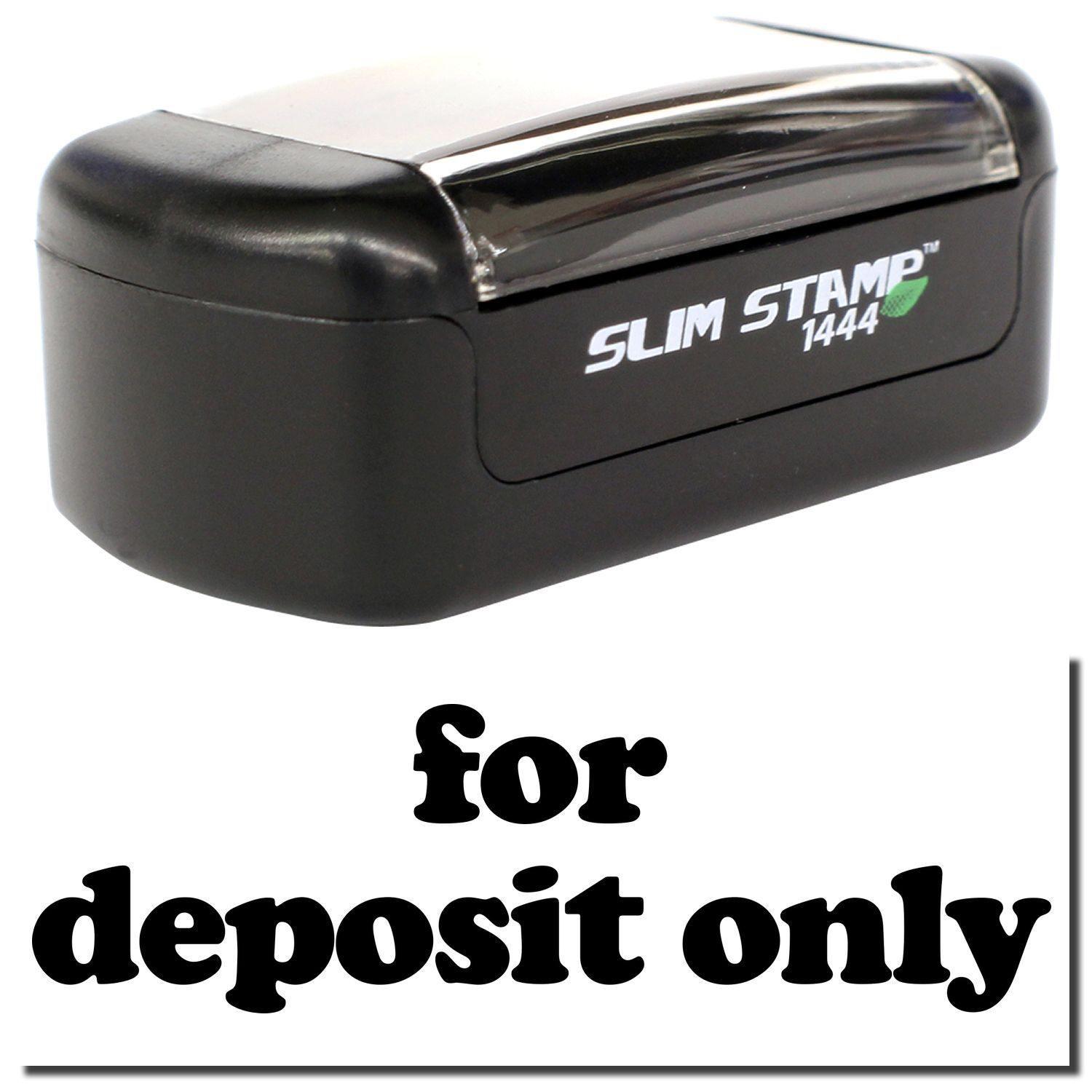 A stock office pre-inked stamp with a stamped image showing how the text for deposit only in lowercase letters is displayed after stamping.