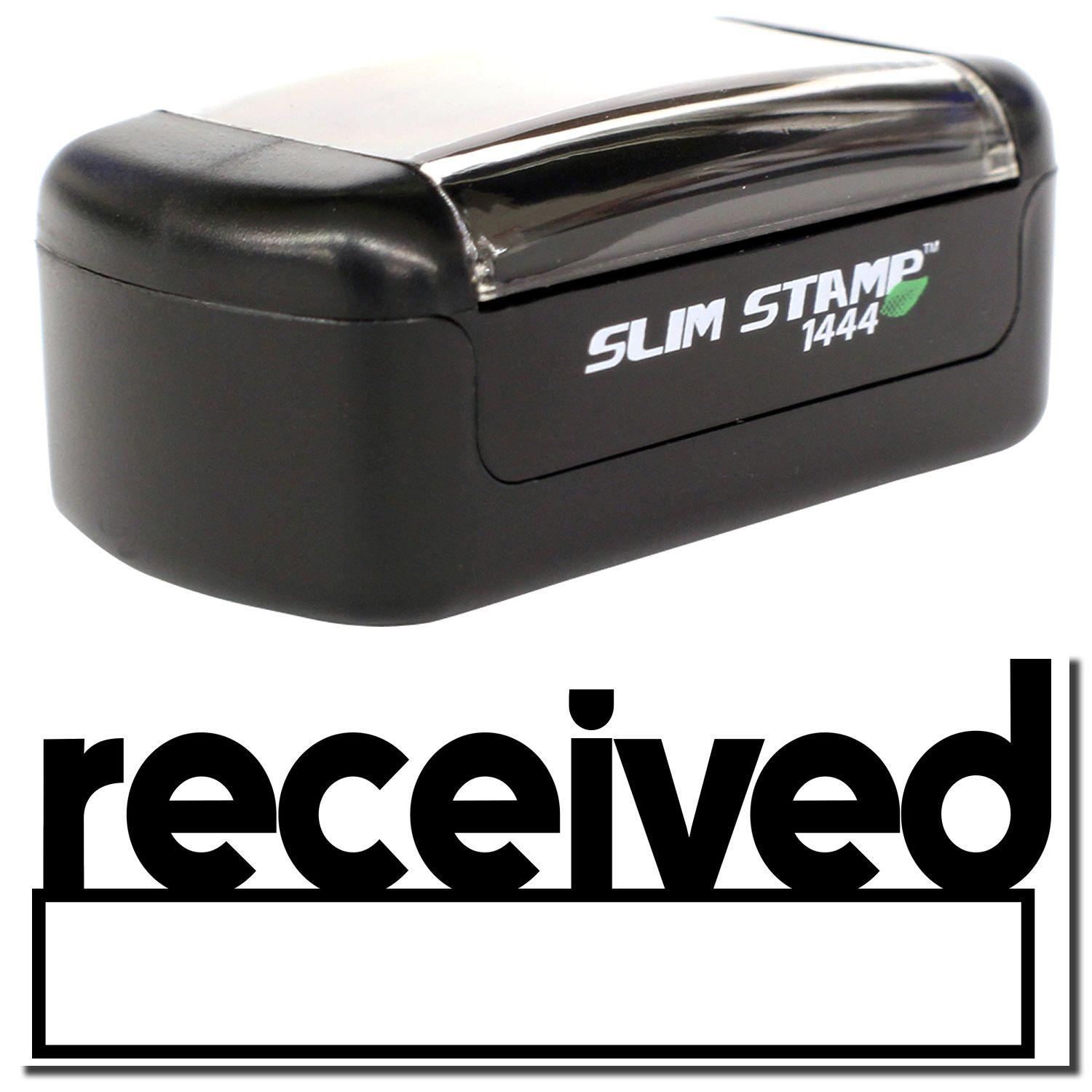 A stock office pre-inked stamp with a stamped image showing how the text received in lowercase letters with a date box underneath the text is displayed after stamping.